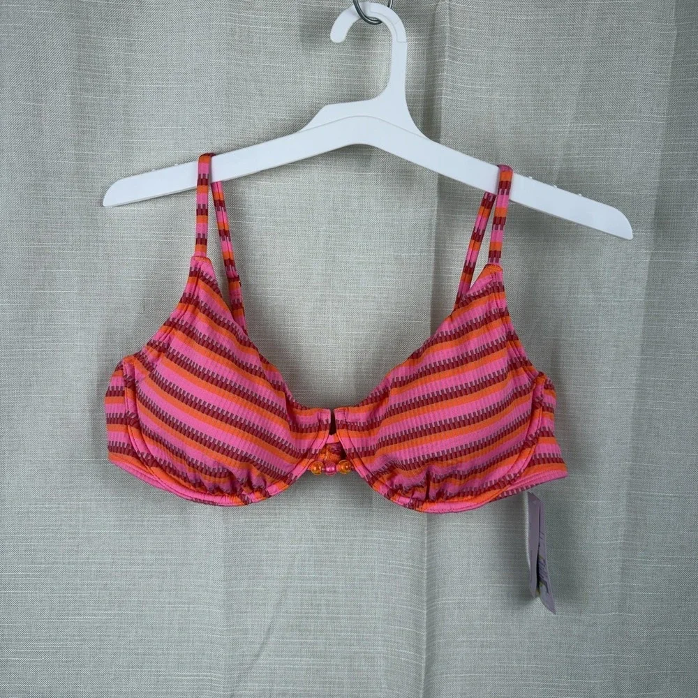 Wild Fable Bikini Top Juniors XL Pink Stripe‎ Underwire Removable Pads Beaded